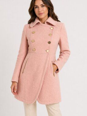 Guess Blush Pink Wool Blend Coat Double Breasted Gold Buttons Petite XS